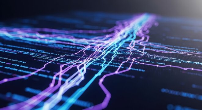 Abstract Digital Network Visualization with Glowing Data Flow Lines and Binary Code Background Representing Connectivity and Modern Tech Infrastructure