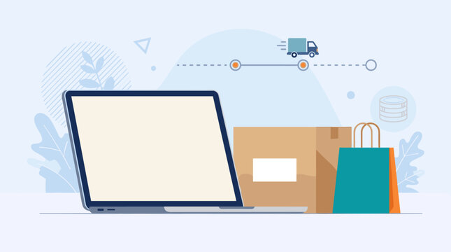 Digital illustration showing online shopping with a laptop, parcel box, and bags. Represents e-commerce, fast delivery, and logistics. Modern clean flat design for business concepts.