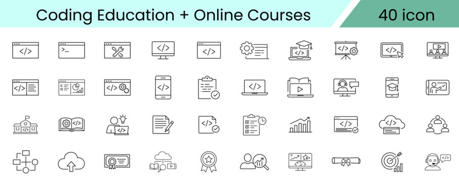Set of forty coding education and online course icons with transparent background