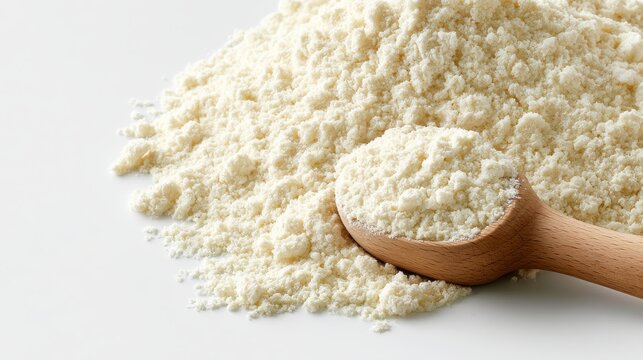 Almond flour with wooden spoon isolated on white background