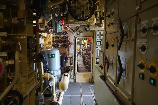 Internal view of the engine and engine control room, of the retired Greek Navy, Type 209 submarine Proteas II