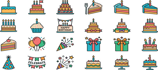 Fototapeta premium Birthday Party Celebration Icon Set with Cakes, Gifts, Balloons, Candles, Confetti and Festive Event Decorations for Special Occasions