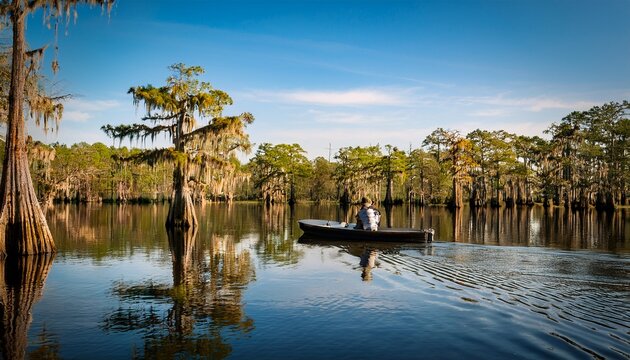 fishing on a boat at lake martin cypress island preserve cypress swamp scenic landscape with reflections breaux bridge near lafayette louisiana