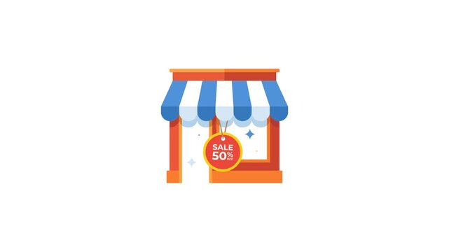 Sale 50 Percent Off Animation of a Vibrant Shop Storefront with Sparkling Effects for Promotions
