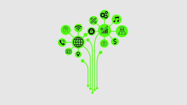 Futuristic Tech Tree Illustration with Connected Nodes and Digital Business Icons on Light Background.