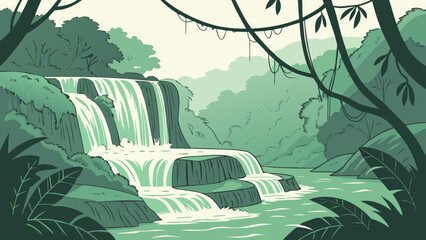 Tropical jungle waterfall in lush rainforest illustration with waterfall © Pkos