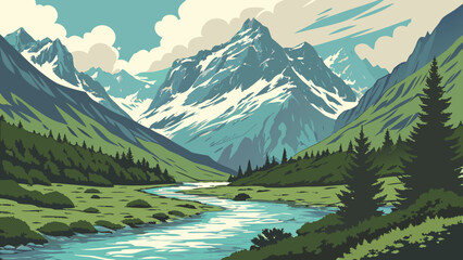 Mountain valley landscape with winding river and pine trees mountain landscape © Pkos