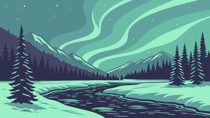 Northern lights over winter snowy river landscape illustration with landscape © Pkos
