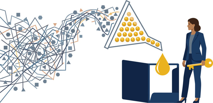 Data Filtering and Information Processing Concept Illustration with Businesswoman, Funnel, and Folder Symbols for Machine Learning, Analytics, and Corporate Strategy Presentations