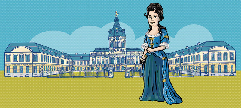 Sophie Charlotte von Hannover, K&ouml;nigin in Preu&szlig;en, vor Schloss Charlottenburg Berlin, Farbillustration