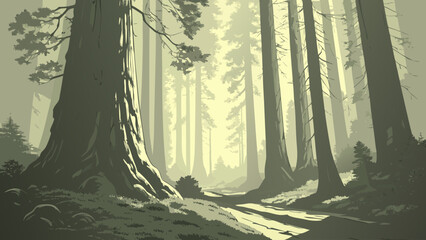 Fototapeta premium Ancient forest with giant redwood trees illustration woodland tranquil