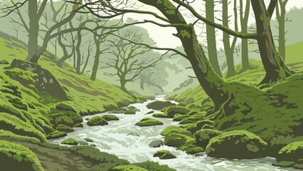 Fototapeta premium Misty forest river with mossy rocks illustration woodland tranquil landscape