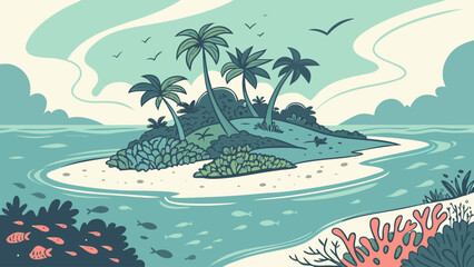 Tropical island ocean landscape with coral reef and palm trees illustration © Pkos