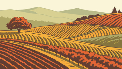 Rolling agricultural farm landscape with cultivated fields and hills, farmland © Pkos