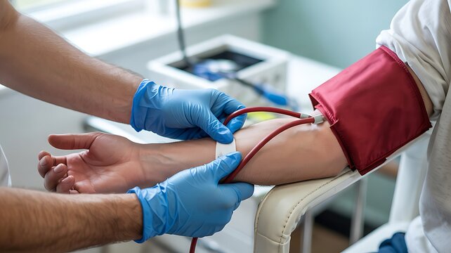 Blood pressure measurement by healthcare professional in medical office