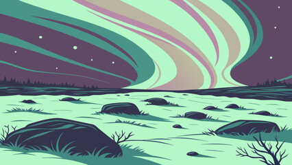 Northern lights over rocky arctic tundra illustration with landscape, phenomenon © TWINS