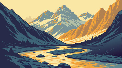 Majestic mountain river valley landscape illustration with mountain, landscape © Pkos
