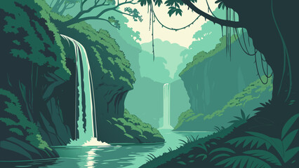 Graphic illustration of lush tropical waterfall cascade in deep jungle forest © TWINS
