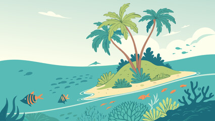 Tropical island ocean scene with palm trees and coral reef underwater, tropical © TWINS