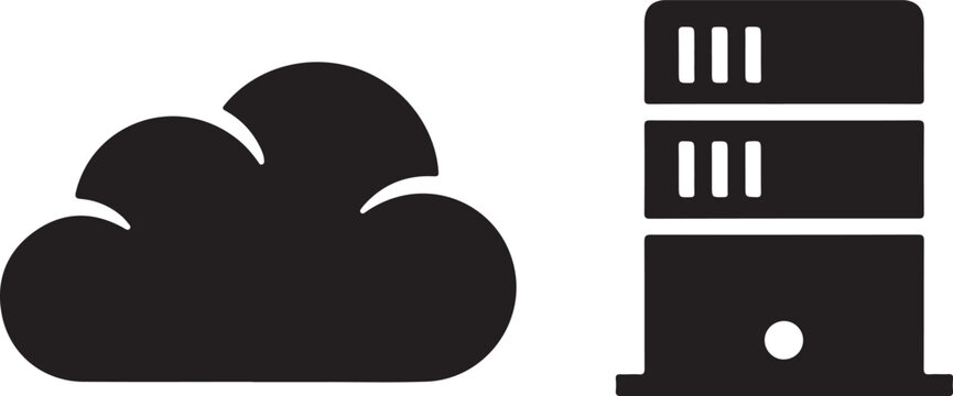 Black and white of a cloud symbol and a data server tower