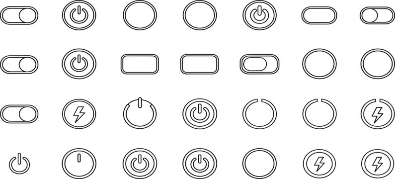 Power Button and Toggle Switch Line Icon Set Featuring Energy Control Startup Activation Interface Settings and Electrical Symbols