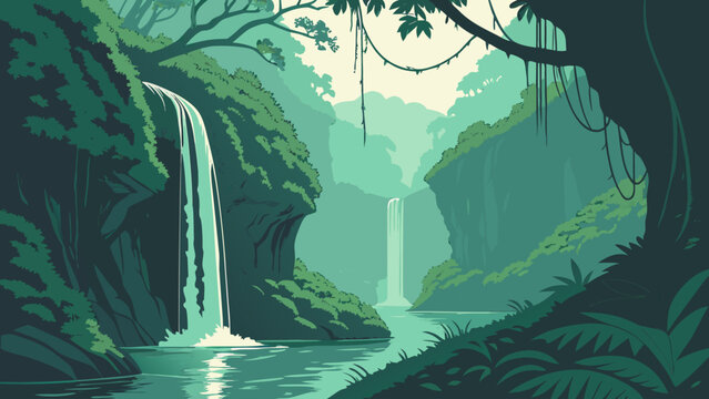 Graphic illustration of lush tropical waterfall cascade in deep jungle forest