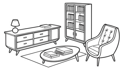Modern living room furniture set with bookcase sofa chair and table, furniture © TWINS