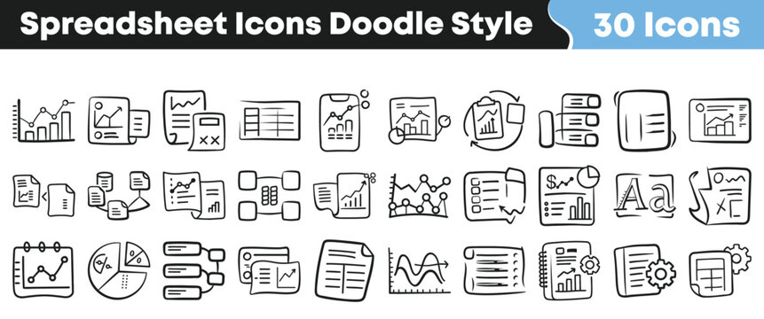 Set of thirty hand drawn spreadsheet icons in doodle style