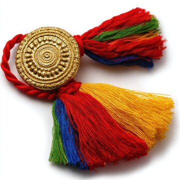 Golden Om Symbol with Colorful Tassels, Symbolic Charm