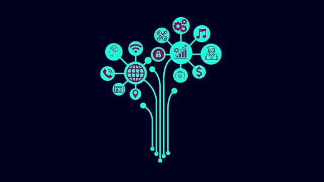 Futuristic Tech Tree Illustration with Connected Nodes and Digital Business Icons on Light Background.