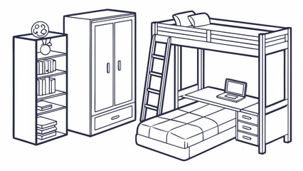 Functional kids bedroom with bunk bed and study desk furniture wardrobe © TWINS