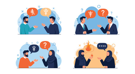 Fototapeta premium Multiple panels illustrate people from diverse cultural backgrounds in conversation with speech bubbles showing confusion and conflict.