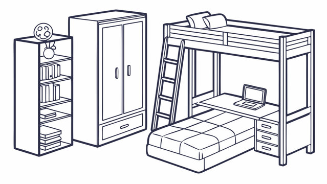 Functional kids bedroom with bunk bed and study desk furniture wardrobe