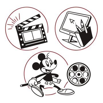 Cartoon character directing a film with film reel and clapperboard character directing