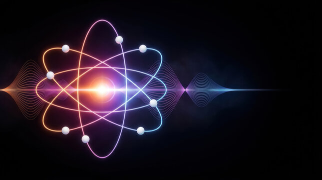 Glowing atomic structure with energy waves, quantum physics concept, futuristic science illustration on dark background.