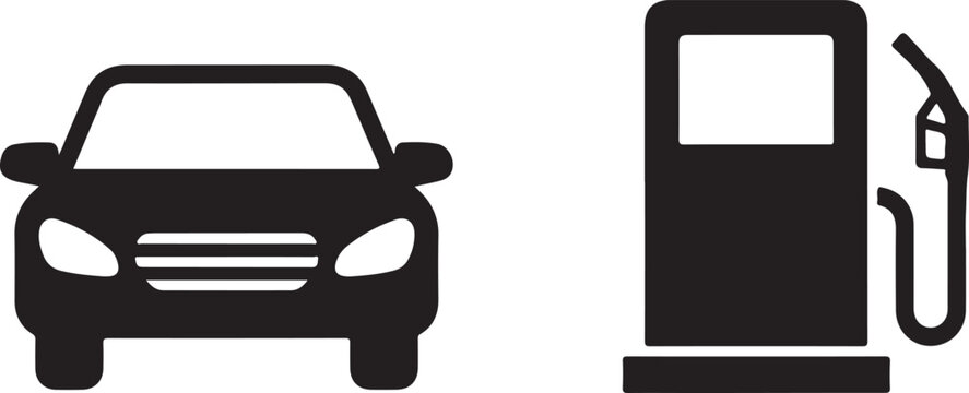 Black and white of a front-facing sedan car and a fuel gas station pump