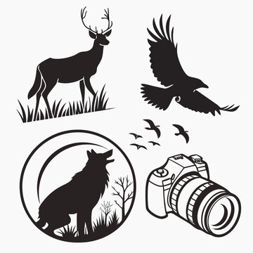 Black and white graphic of a deer eagle wolf birds camera with graphic design, camera icon