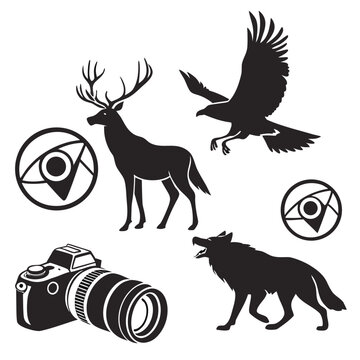 Black and white graphic of a deer wolf eagle camera eye symbols with graphic design