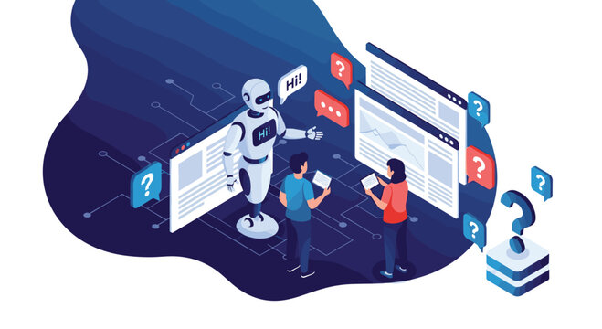 Artificial intelligence concept showing a robot interacting with humans and digital data screens containing various questions.