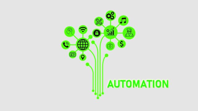 Automation Branding Concept, Futuristic Digital Network with Business and Technology Icons.