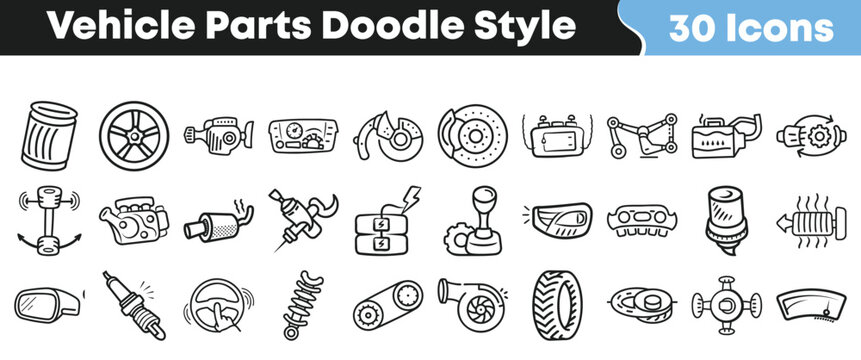 Set of thirty hand drawn automotive vehicle parts doodle icons