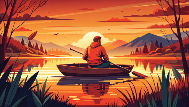 Man rowing boat on lake during golden hour with mountain reflection and warm sky