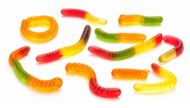Artfully Arranged Colorful Gummy Worms Candies in Playful Pattern on White Background