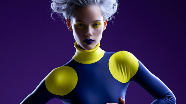 Eine futuristische weibliche Figur in einem lila Ganzk&ouml;rperanzug mit neonfarbenen gelben Kreisen und passenden Accessoires posiert vor dunklem Hintergrund