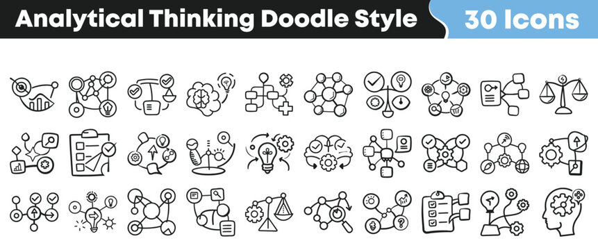 Collection of analytical thinking doodle style vector icons for business