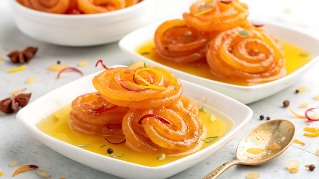 Jalebi with saffron syrup, vibrant commercial photography