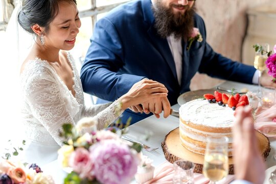 Joyful couple cutting cake photo