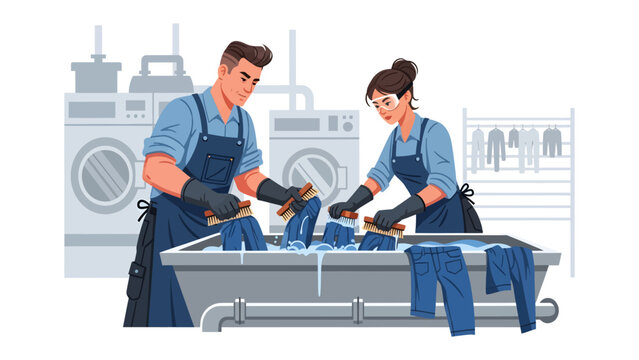 Denim Wash Process: A male and female worker meticulously wash denim jeans in a large tub filled with soapy water, surrounded by laundry machines and drying racks.