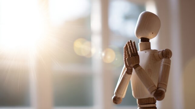 Wooden mannequin praying near a bright window, showing concepts of hope, spirituality, and inner peace