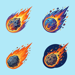 A set of four colorful burning meteorites flying through space © Robinson